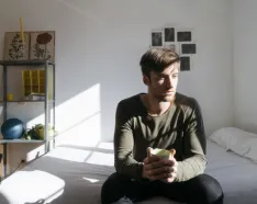 Man sitting on bed in thought