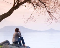 Woman sitting under a tree looking out onto the lake
