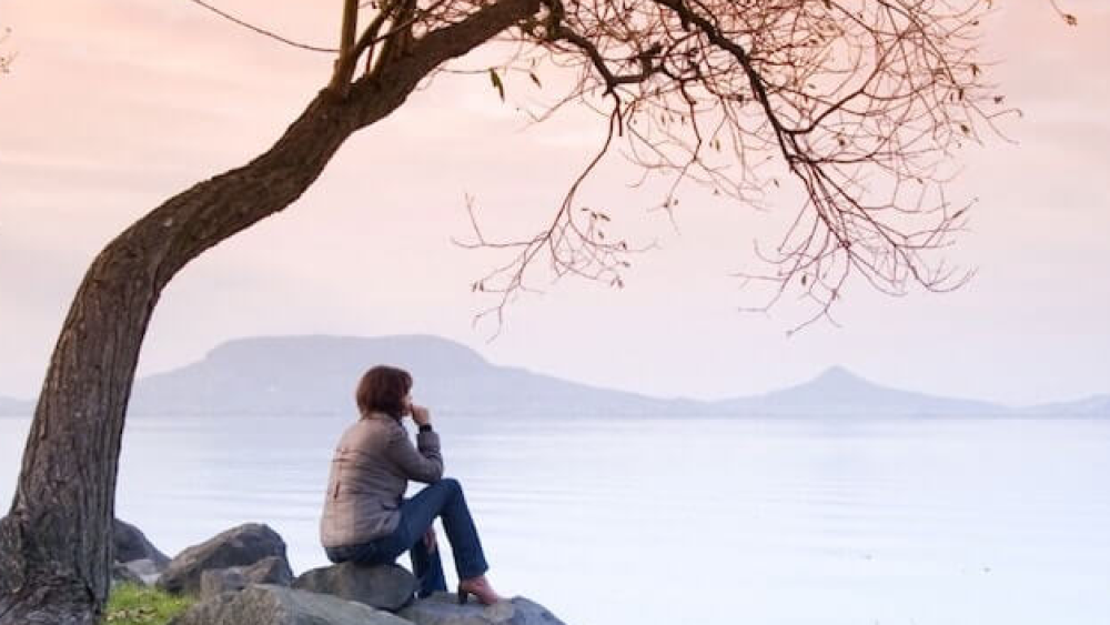 Woman sitting under a tree looking out onto the lake