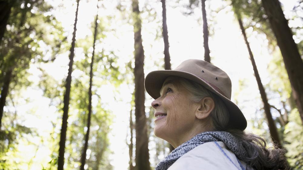 Smiling woman wearing a hat walking in the forest